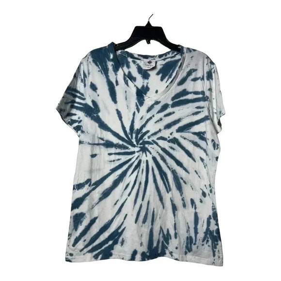 0655. LIKE LOVE SHORT SLEEVE TOP BLUE/WHITE TIE DYE PATTERN SIZE SMALL COTTON - Picture 2 of 10
